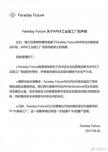 贾跃亭：FF将保留内华达州土地，未来还要建厂